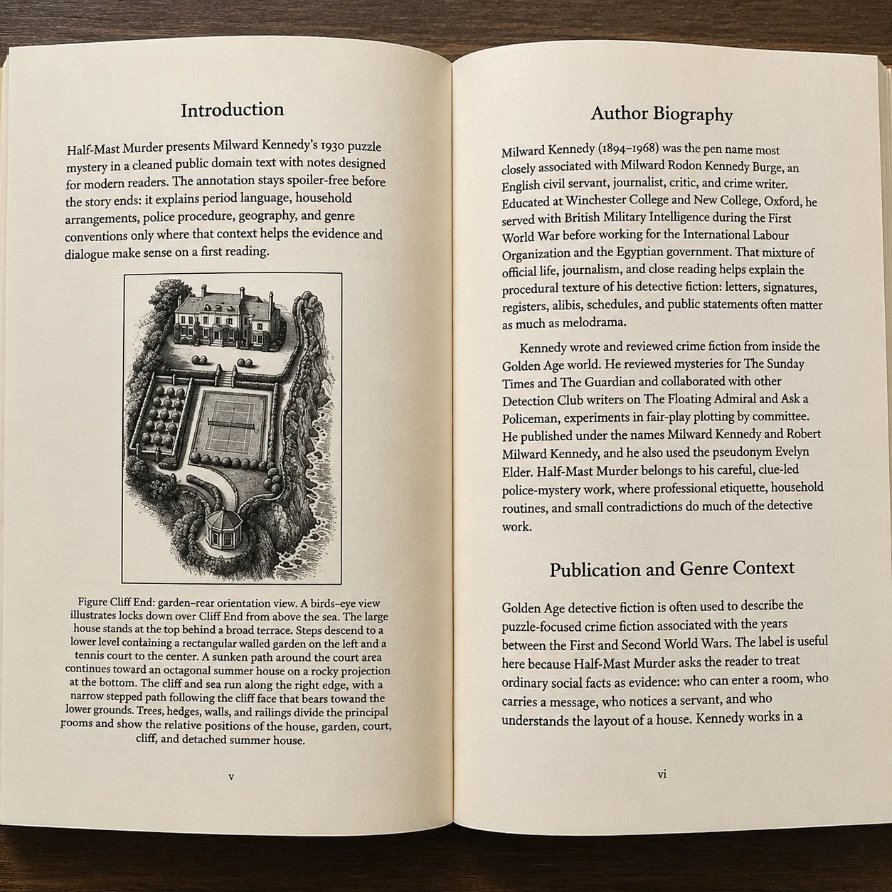 Page spread from Half-Mast Murder showing the introduction, an image of the estate, and the author biography