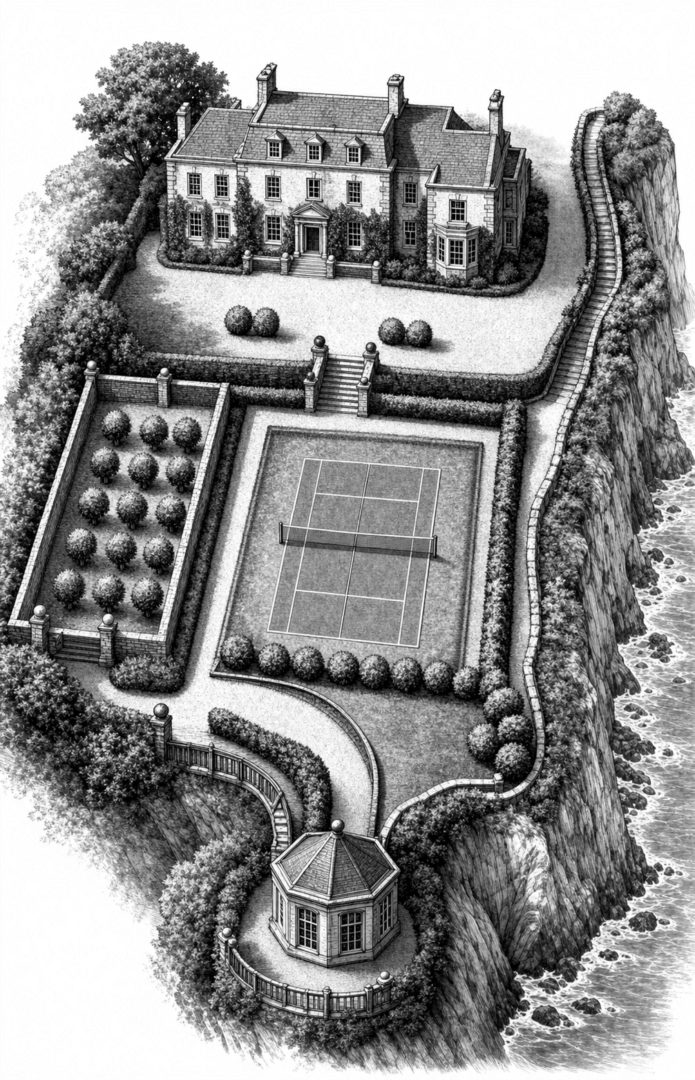 Oblique spoiler-free view of Cliff’s End showing the house, gardens, tennis court, cliff path, and summer house