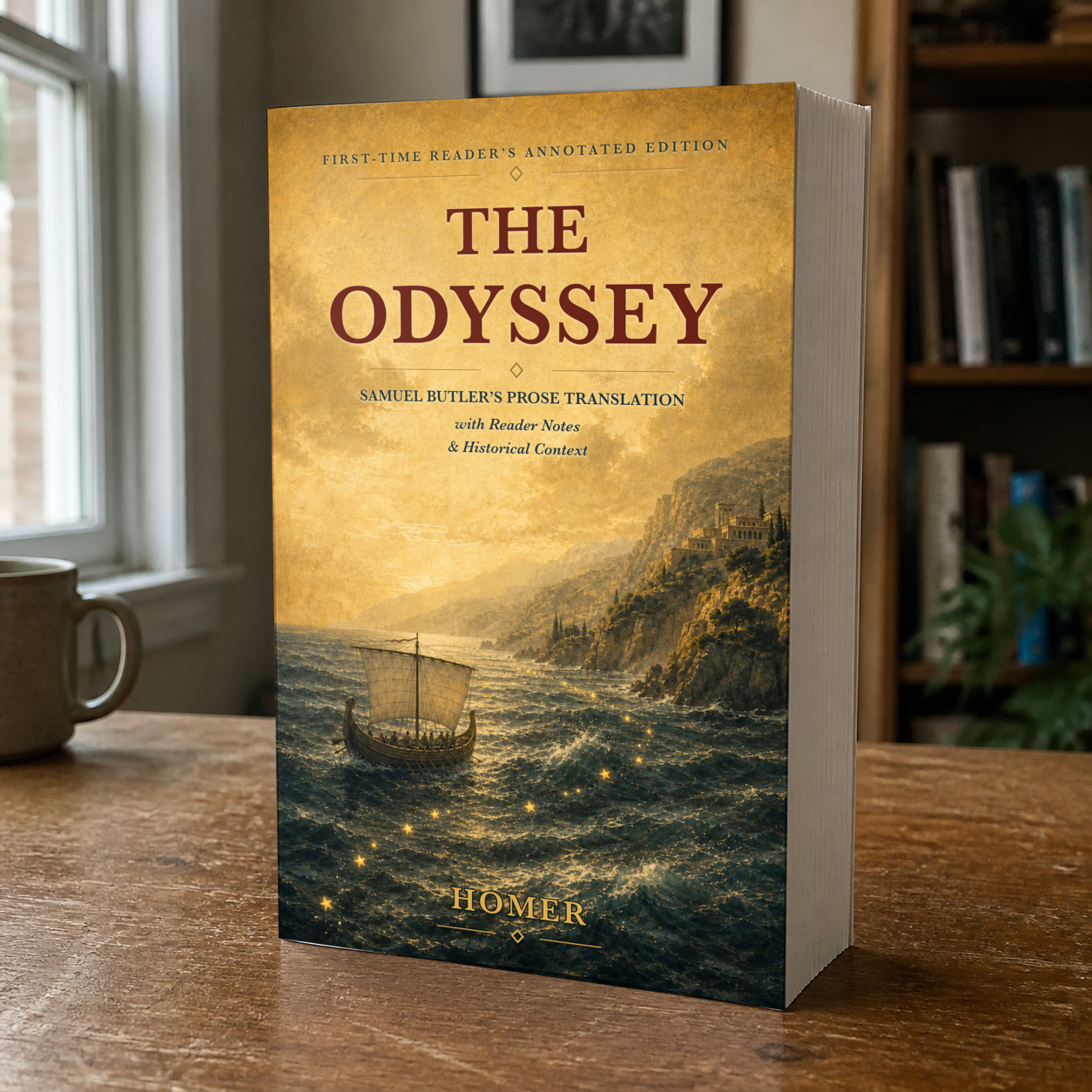Thick paperback edition of The Odyssey standing on a worn wooden table in natural window light