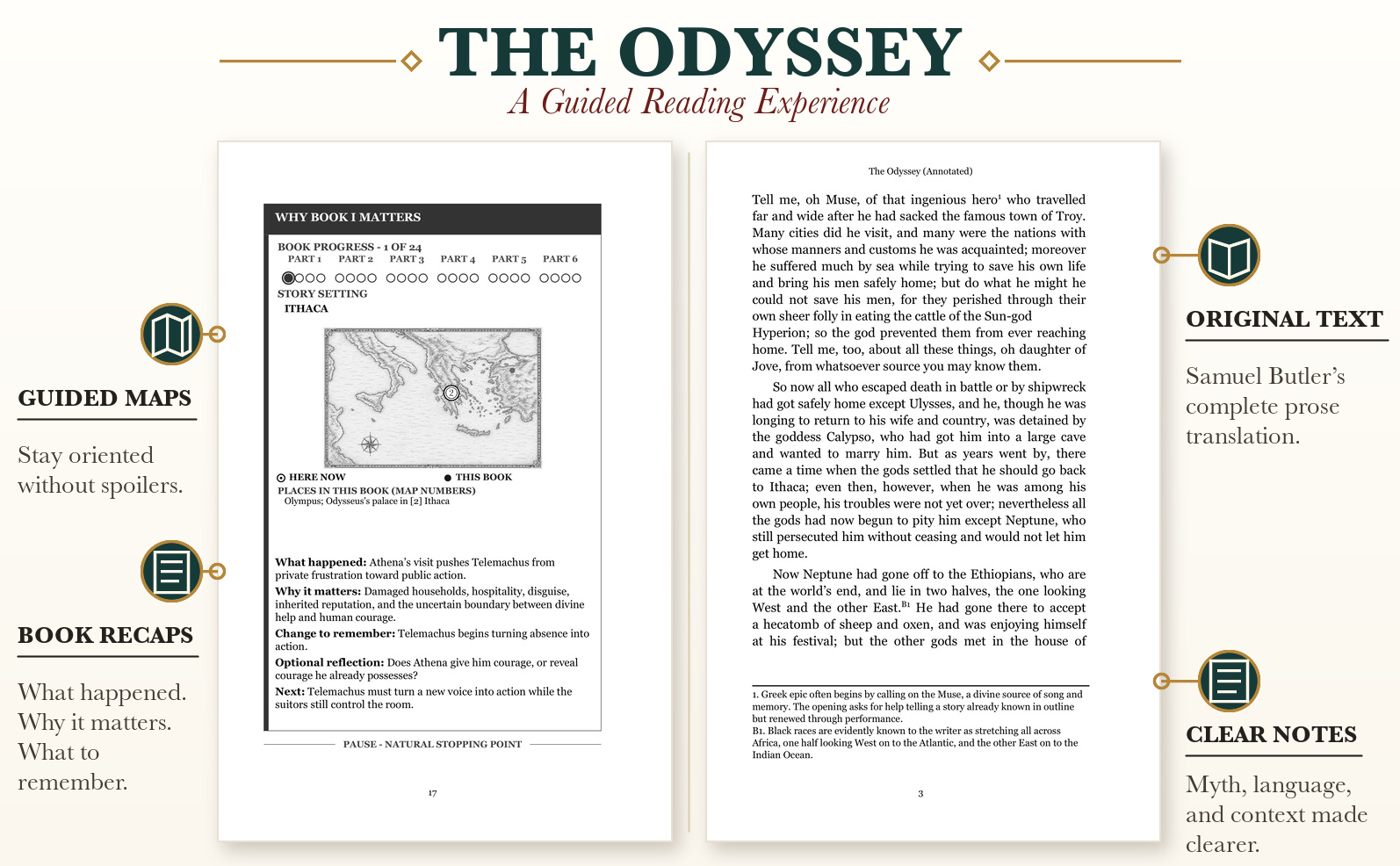 The Odyssey reader supports showing guided maps, book recaps, Samuel Butler’s original prose, and clear numbered notes