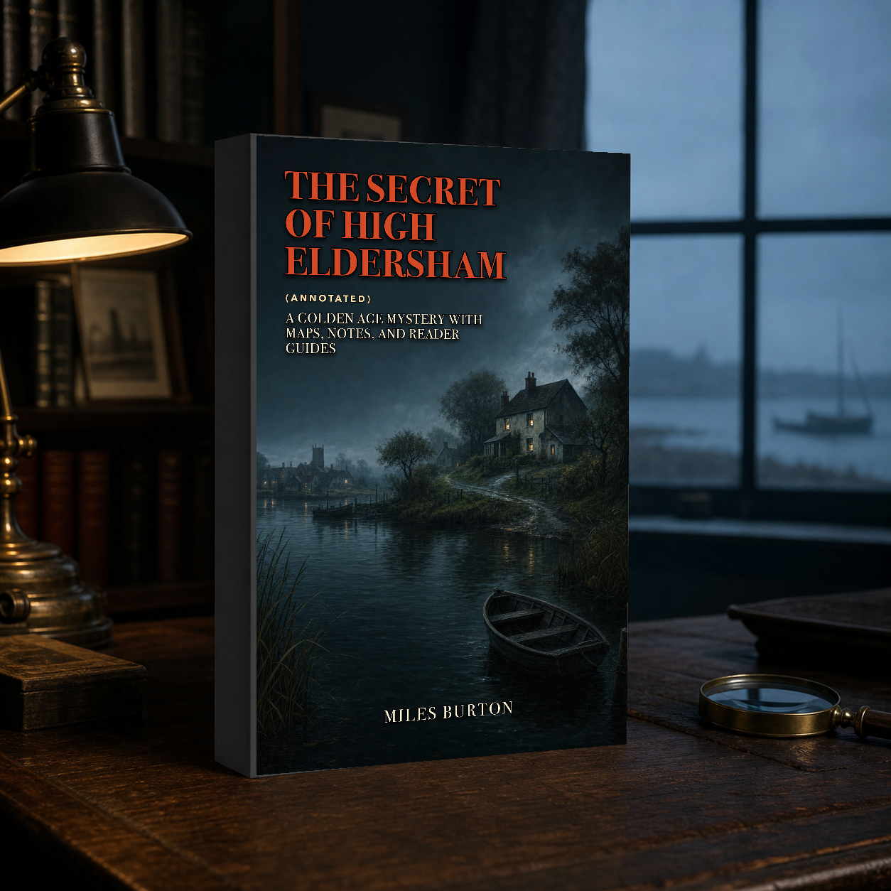 The Secret of High Eldersham paperback on a desk overlooking a misty estuary