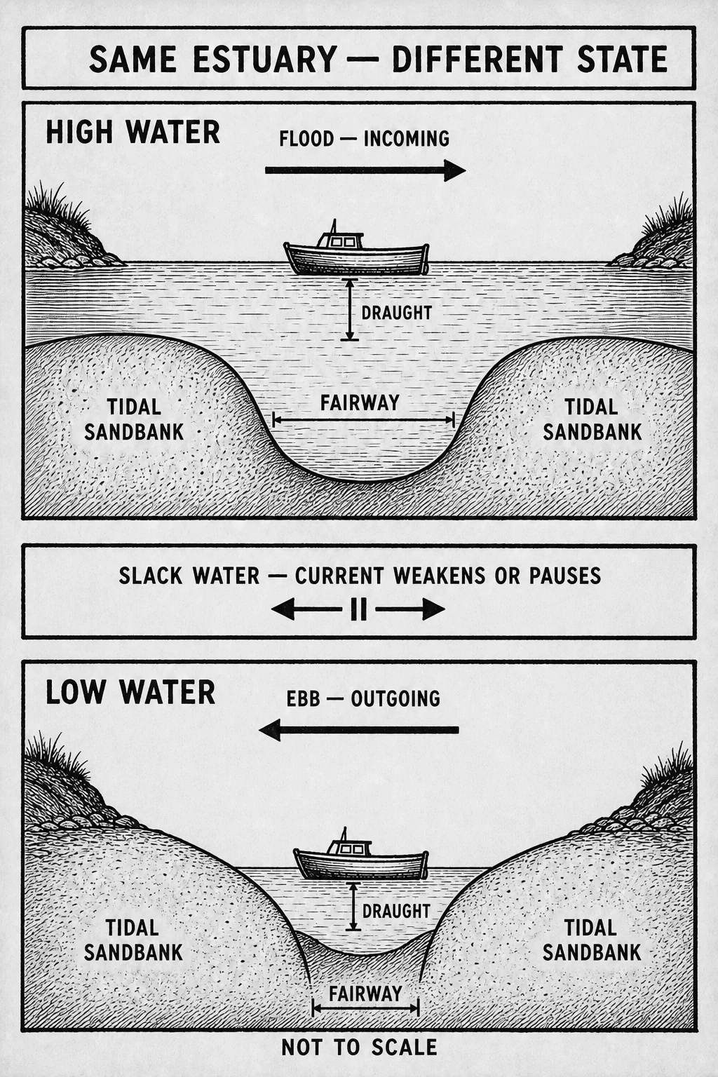 Two-panel diagram comparing the same estuary at high water and low water, with flood, ebb, and slack water labeled