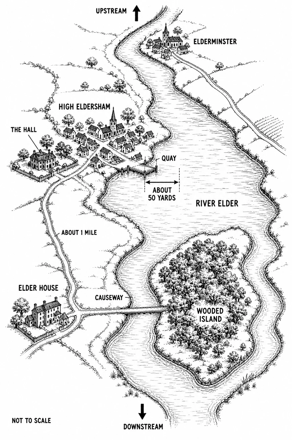 Spoiler-free reconstructed map of High Eldersham, the River Elder, quay, Hall, Elder House, wooded island, causeway, and Elderminster